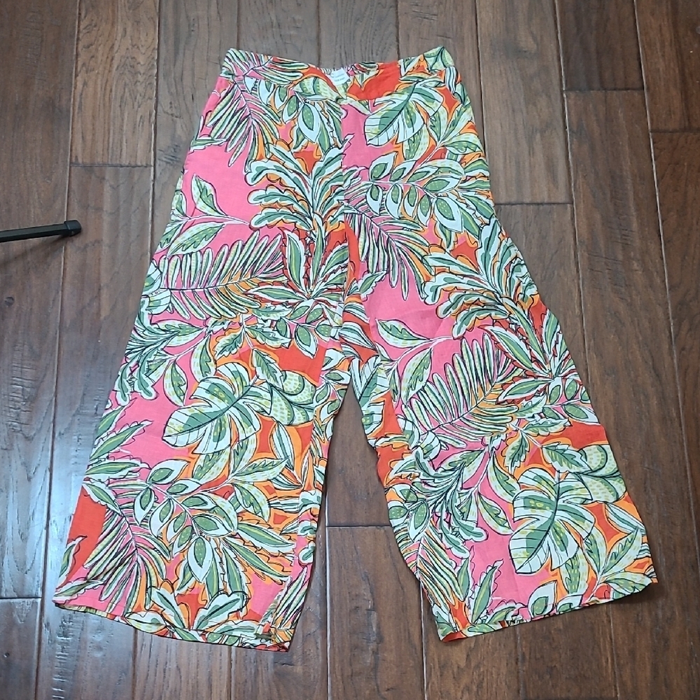 C&C California 100% Linen Colorful Tropical Print Wide-Leg Cropped Pants -Medium
